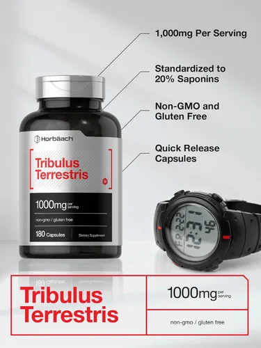 Vista 3 de Horbaach Tribulus Terrestris para hombres 1000 mg 180 cápsulas Suplemento de extracto Sin OMG y sin gluten