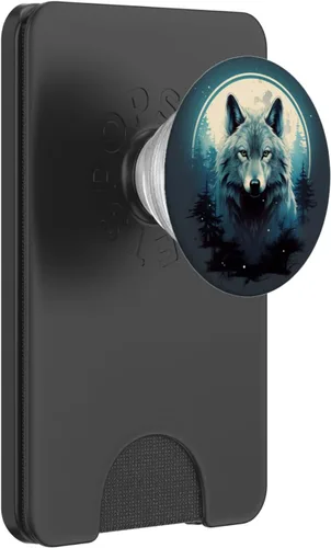 Vista 7 de lobo místico en el bosque en la luna llena PopSockets Standard PopGrip