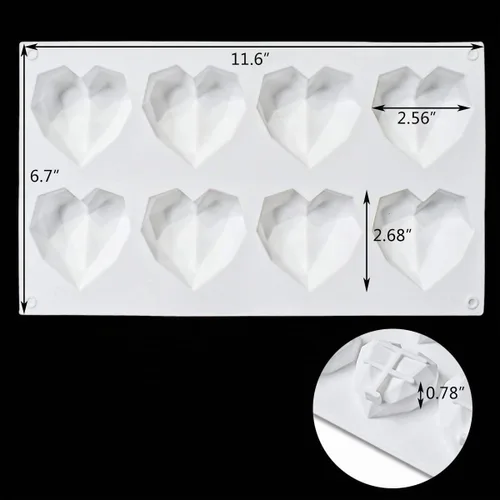 Vista 6 de Molde de silicona para pastel de chocolate con forma de corazón de diamante de 8 cuadrículas, molde de silicona para hornear, mousse, postre, 3D