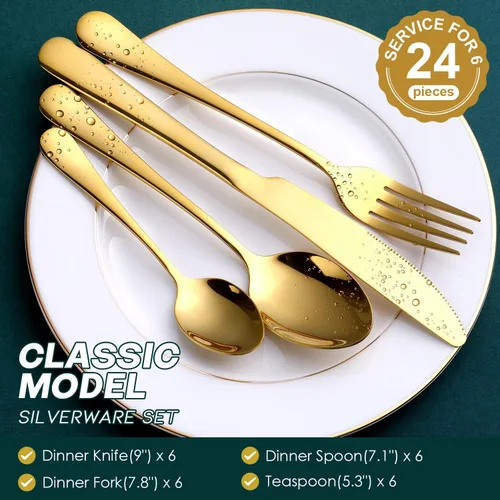Vista 2 de OGORI - Juego de cubiertos dorados de 24 piezas de acero inoxidable de grado alimenticio, juego de utensilios de cocina para 6, vajilla pulida