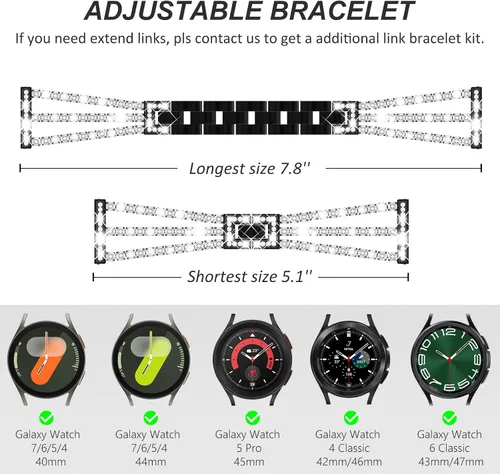 Vista 5 de FULLIFE Compatible with Samsung Galaxy Watch 7 6 5 4 FE Band 40mm 44mm for Women, Jewelry Metal Wristband Strap for Galaxy Watch 6 Classic 4 Classic