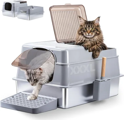 Vista 13 de Caja de arena de acero inoxidable con tapa, caja de arena para gatos