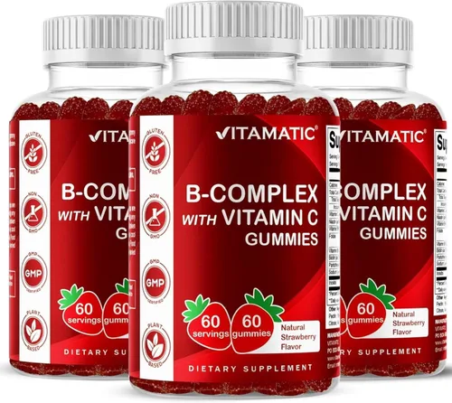 Vista 10 de Gomitas de complejo de vitamina B Vitamatic con vitamina C e inositol - Sabor natural a fresa - 60 gomitas (1 botella)