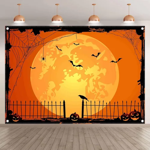 Vista 2 de Fondo de fotos de Halloween naranja de 7 x 5 pies para fiestas, parche grande de calabaza, luna, fotografía, fondo, bruja para niños, decoración