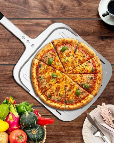 Vista 7 de Pala de pizza de 12 pulgadas, pala de aluminio para pizza (12 x 13.7 pulgadas) con diseño perforado y mango resistente al calor, herramienta