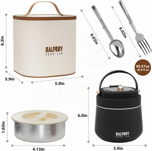 Vista 9 de Termo para alimentos calientes para adultos, 40 onzas, recipientes térmicos de sopa de boca ancha con aislamiento al vacío, frasco de comida de Negro