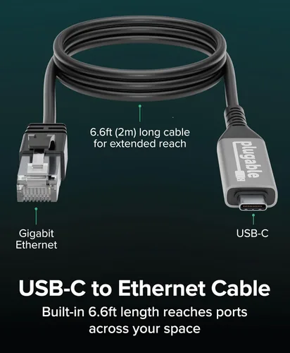 Vista 3 de Plugable Cable USB C a Ethernet: cable Ethernet USBC a RJ45, adaptador de red LAN Gigabit directamente conectado para MacBook Pro, iPad Pro, iPhone