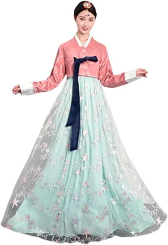 Vista 9 de Vestido Hanbok coreano tradicional coreano, ropa tradicional coreana, trajes nacionales coreanos Azul y verde