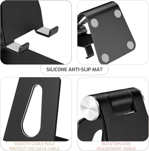Vista 4 de Soporte plegable negro para teléfono celular de aleación de aluminio, soporte de teléfono de metal de mesa con ángulo ajustable por eje giratorio