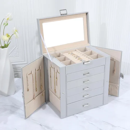 Vista 7 de Joyero para mujer, organizador grande de 6 capas con cerradura y 5 cajones para almacenamiento de joyas, joyero grande para regalo de Navidad