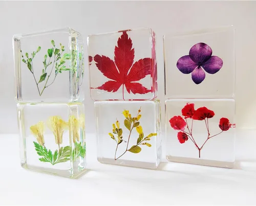 Vista 4 de Pisapapapeles de flores, 6 piezas de resina para escritorio con muestras de flores prensadas reales, decoración de mesa, cubo cuadrado transparente