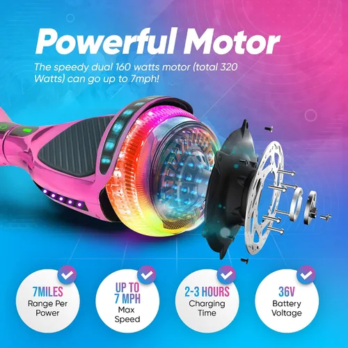 Vista 5 de Hoverboard de 16.5 cm para niños de 6 a 12 años, Hoverboard Bluetooth con ruedas estilo luz de túnel y almohadillas antideslizantes, certificado