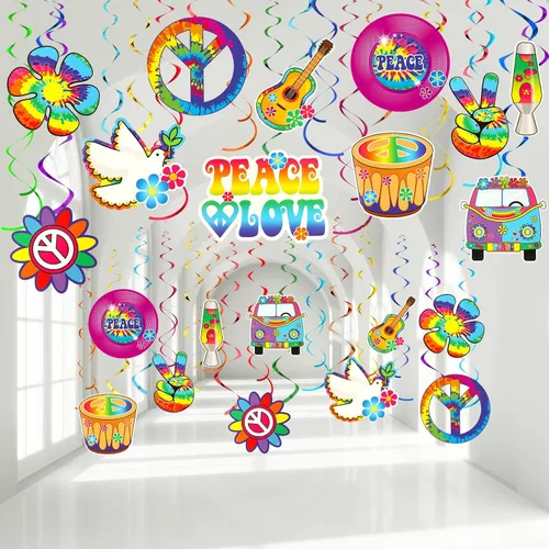 Vista 8 de Outus Decoraciones de fiesta de cumpleaños con temática hippie de los años 60 y 70, decoraciones de espirales de aluminio de los años 60 y 70