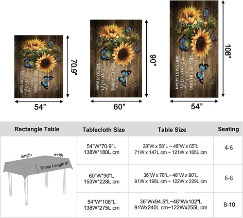 Vista 8 de Mantel rectangular rústico a prueba de derrames, impermeable, con mariposas, decoración de mesa, cubierta de mesa de girasol, color marrón y Marrón