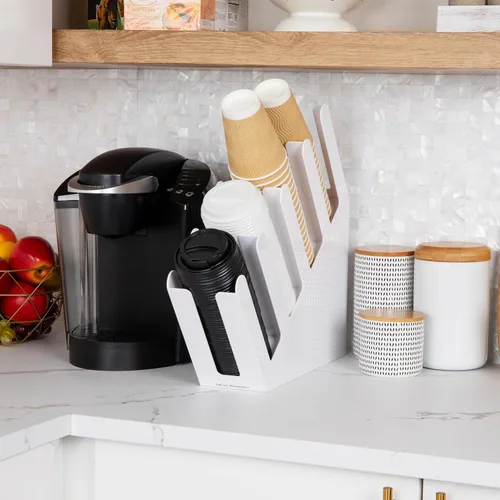Vista 2 de Mind Reader - Soporte acrílico de 3 compartimentos para vasos desechables apilados, para bebidas calientes o frías