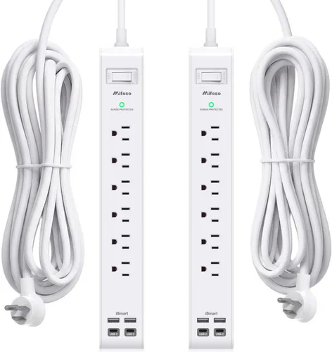 Vista 15 de Paquete de 2 regletas de alimentación, cable de extensión de 3 pies, protector de sobretensiones con 6 tomas de corriente y 4 puertos USB (2 USB C)