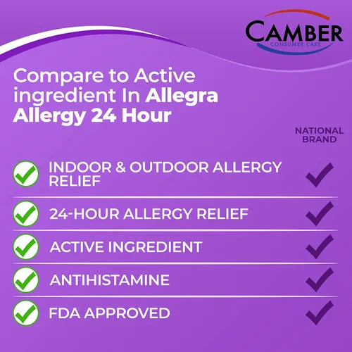 Vista 4 de Camber 24 horas antihistamínico fexofenadina antihistamínico para interiores y exteriores, tabletas de alivio de alergias, 500