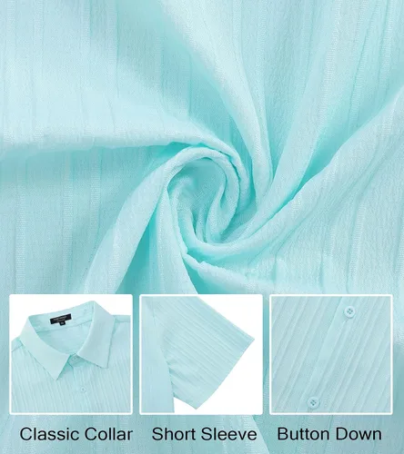 Vista 6 de TURETRENDY Camisas de lino para hombre de manga corta con botones para playa