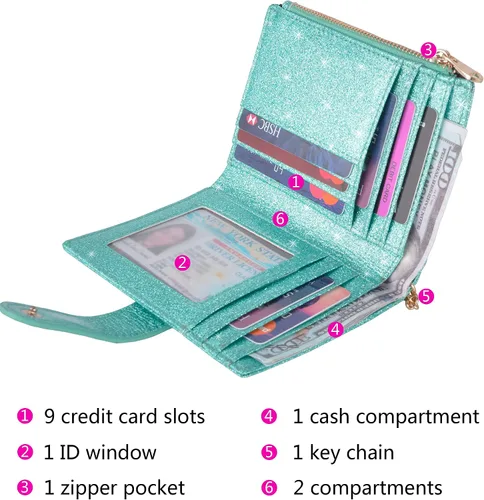 Vista 2 de Billeteras RFID pequeñas y compactas de cuero plegable con cremallera para mujer