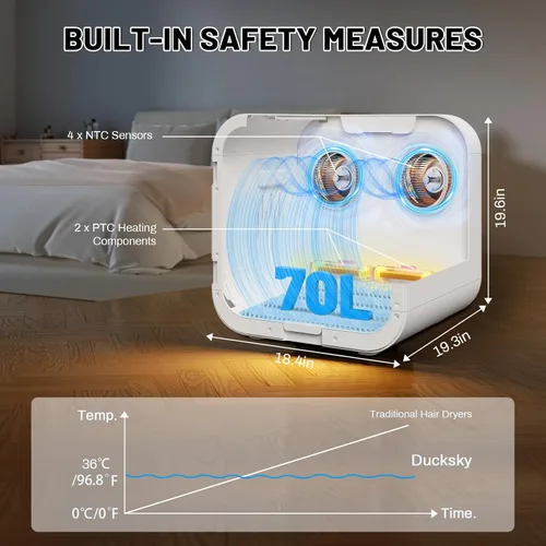 Vista 7 de Caja secadora automática de pelo para mascotas, soplador de ventiladores de doble motor de 70L para gatos y perros pequeños, secado de 360°, control