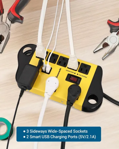Vista 5 de Regleta industrial DEWENWILS con 2 USB, protector de sobretensiones de metal 6FT Heavy Duty Extension Cord, Wide Space 8 Outlet, 1440J, 14AWG