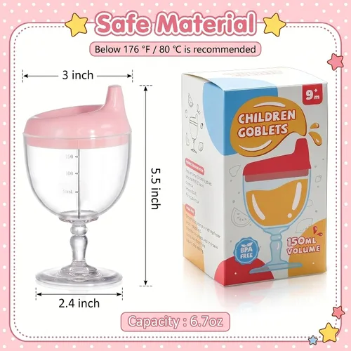 Vista 2 de Goaste Paquete de 4 vasos para beber vino para bebé, copas de plástico estilo copa con tapas, tazas de bebidas para niños de 6.7 onzas para jugo