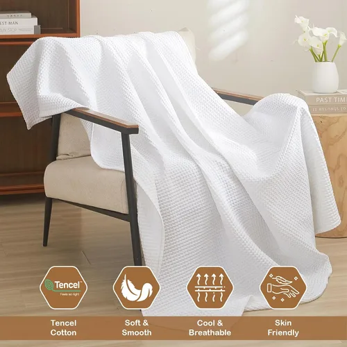 Vista 4 de ARlinen Manta 100% de algodón Tencel, ligera, transpirable, suave para todas las estaciones, para sofá, perfecta para personas que duermen con Blanco