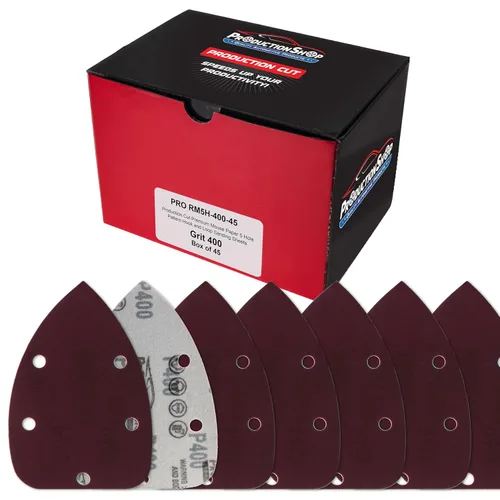 Vista 6 de ProductionShop Hojas de papel de lija prémium con diseño de ratón de 5 agujeros, paquete variado de 50 discos, granos 40, 80, 100, 120, 180, 220