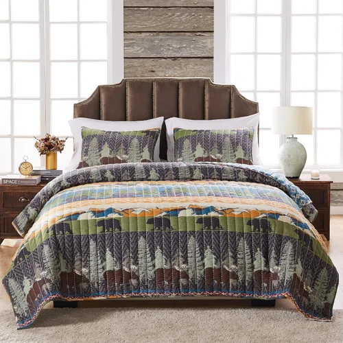 Vista 3 de Greenland Home juego de edredón con diseño de pinos y osos, negro, Algodón, Multicolor, gemelo