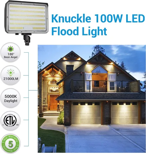 Vista 2 de Luz de Inundación LED para Exteriores de 100W, AC100-277V 14000 Lúmenes 5000K IP65 Impermeable Montaje de Nudillo Reflector para Patio Jardín