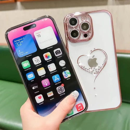 Vista 5 de Bling Glitter Heart compatible con iPhone 13 Pro de 6.1 pulgadas, bonito protector de cámara completo brillante para mujer, funda de teléfono Oro