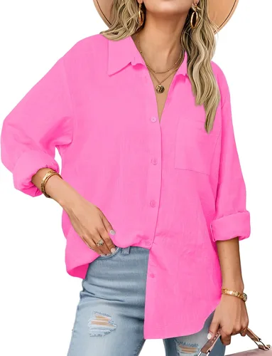 Vista 7 de Zeagoo - Blusas de lino con botones para mujer, de gasa, algodón, manga larga, blusas informales con cuello, corte holgado