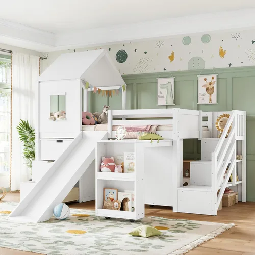 Vista 10 de SOFTSEA Cama tipo loft con tobogán, almacenamiento y escritorio para niños Natural