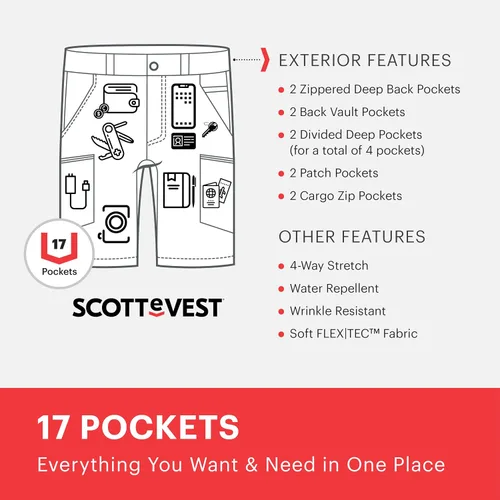Vista 2 de SCOTTeVEST Action Adventure - Pantalones cortos para hombre, 17 bolsillos ocultos, repelente al agua para viajes y más