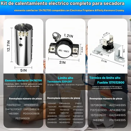 Vista 3 de Parte apta para el elemento calefactor del secador Electrolux Frigidaire 134792700 13703260