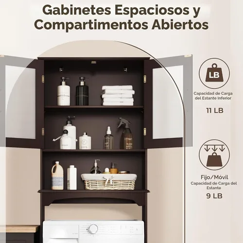 Vista 6 de Yaheetech Gabinete de Almacenamiento Sobre el Inodoro, Estante de Inodoro Independiente con Estantes Ajustables y Puertas de Vidrio Templado