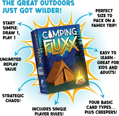 Vista 4 de Looney Labs - Juego de cartas de camping Fluxx - Diversión de verano, aventura al aire libre, perfecto para viajes de campamento familiares y noches
