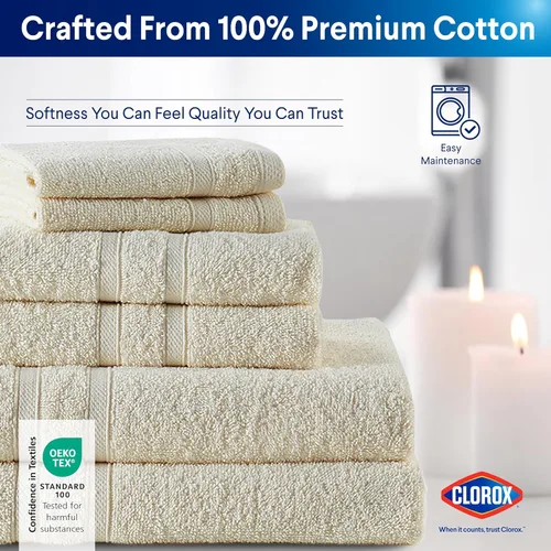 Vista 5 de CLOROX Toallitas de baño 100% algodón aptas para usar blanqueador, de secado rápido (12" x 12"), altamente absorbentes, suaves y ligeras, ideales