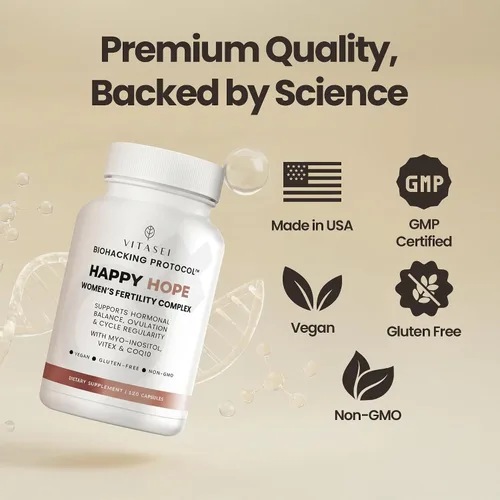 Vista 6 de VITASEI Happy Hope Complejo de fertilidad para mujeres – Suplementos de fertilidad para mujeres con mio-inositol, Vitex y CoQ10 – Equilibrio