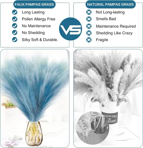 Vista 5 de KALYLOC 8 plantas artificiales de hierba de pampa sintética azul 17.7 Inch, Boho Decor, Colorful, Elegant, Trendy, Non-Shedding, No Maintenance