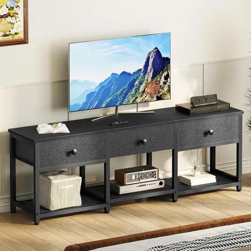 Vista 2 de YATINEY Soporte de TV con 3 cajones de tela para TV de hasta 50 pulgadas, consola multimedia industrial de 47.2 pulgadas, centro de entretenimiento