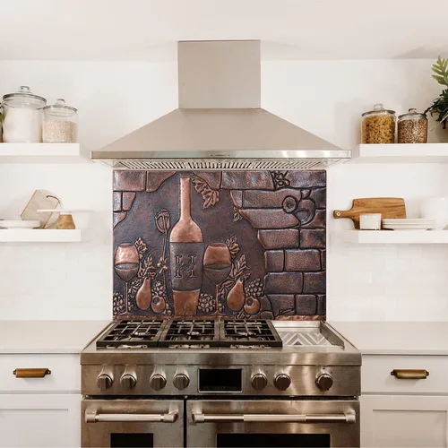 Vista 5 de Protector contra salpicaduras de cocina, botella de vino y vidrio, diseño de uvas y peras), panel de cobre personalizado, azulejos de cobre hechos a