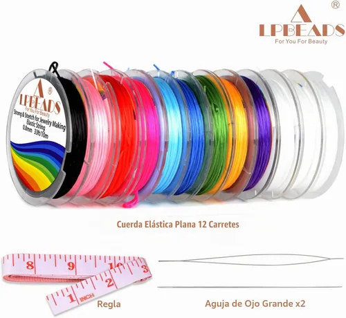 Vista 2 de LPBeads 12 rollos de 0.8mm de hilo elástico para hacer joyería de pulseras con agujas y regla para ensartar cuentas