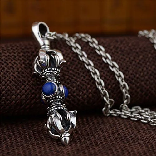 Vista 3 de Colgante vintage de plata de ley 925 budista Vajra Dorje con lapislázuli azul para hombres y mujeres M Metal Piedra
