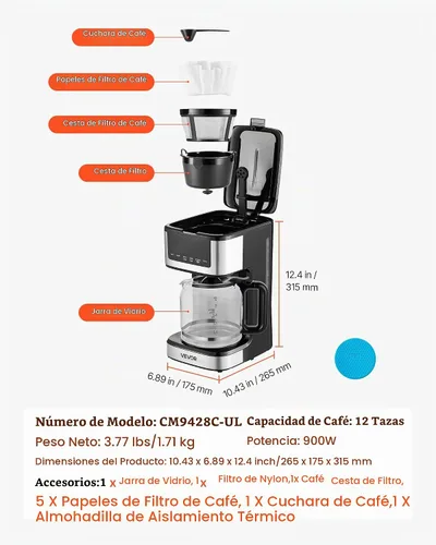 Vista 7 de VEVOR Cafetera programable, cafetera de goteo programable de 12 tazas con pantalla táctil, cafetera de 4 horas para mantener el calor, cafetera