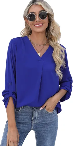 Vista 3 de QUEZHU Blusas de manga 34 para mujer, estilo casual, elegante, de gasa, cuello en V, blusas