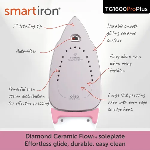 Vista 5 de Oliso TG1600 Pro Plus SmartIron de 1800 vatios con elevación automática y protector de suela de hierro de silicona Oliso Solemate para hierros