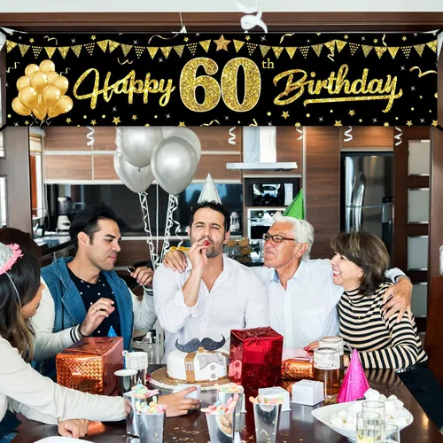 Vista 3 de Cartel de feliz cumpleaños 60 para hombres y mujeres, letrero de cumpleaños número 60 negro y dorado, suministros de fiesta para patio, divertida