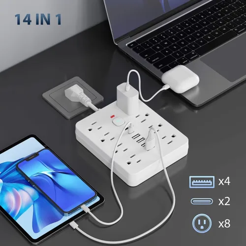 Vista 5 de Regleta de alimentación 14 en 1 con protección contra sobretensiones, interruptor de control de un solo toque, cable de extensión de montaje
