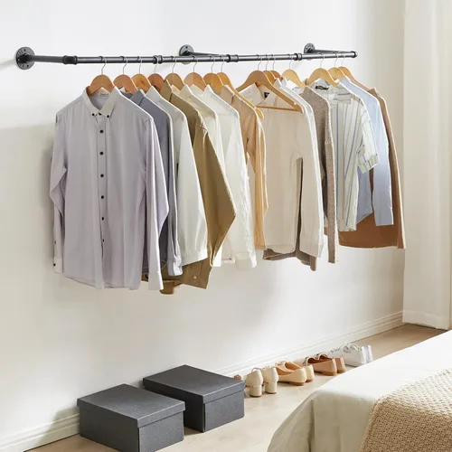 Vista 3 de IBUYKE TYJ003H - Perchero industrial de tubería montado en la pared, 70 Barras de armario para colgar ropa, perchero multiusos resistente
